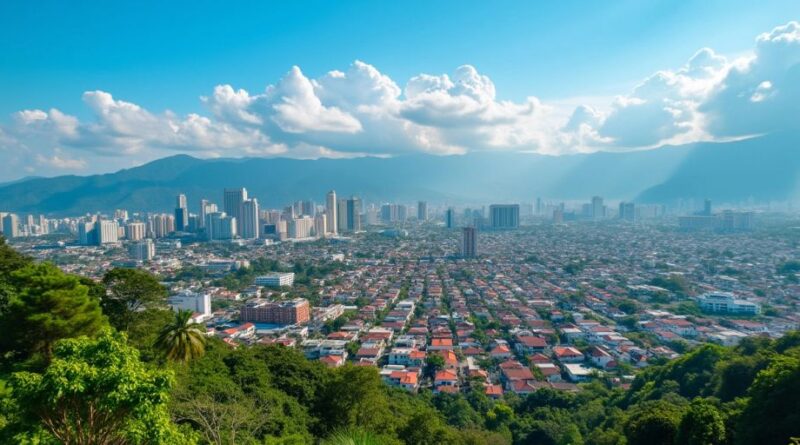 Pemandangan kota Palu dengan langit biru dan pepohonan.