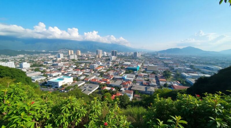 Pemandangan kota Palu dengan gedung modern dan alam.