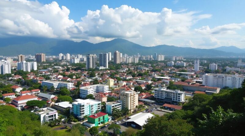 Pemandangan kota Palu dengan gedung modern dan pepohonan.