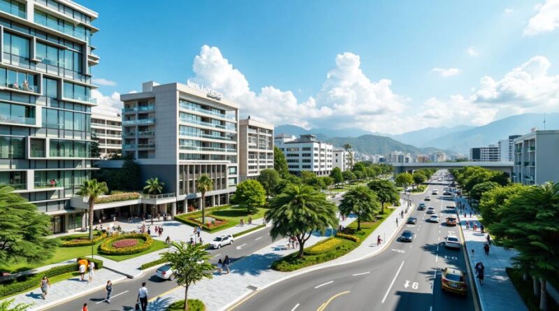 Pemandangan kota Palu dengan gedung modern dan taman hijau.