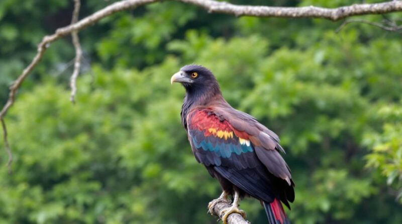 Burung Caracara di atas ranting dengan latar belakang hijau.